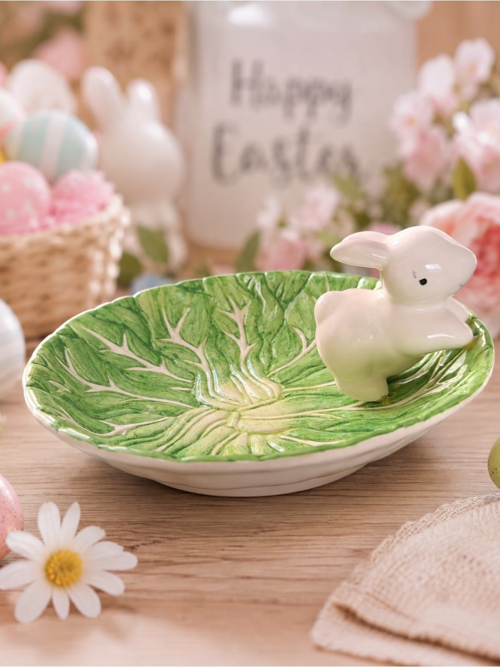 Vintage WCL Bunny Rabbit Cabbage Leaf Candy Bowl Dish Easter Ceramic 8”